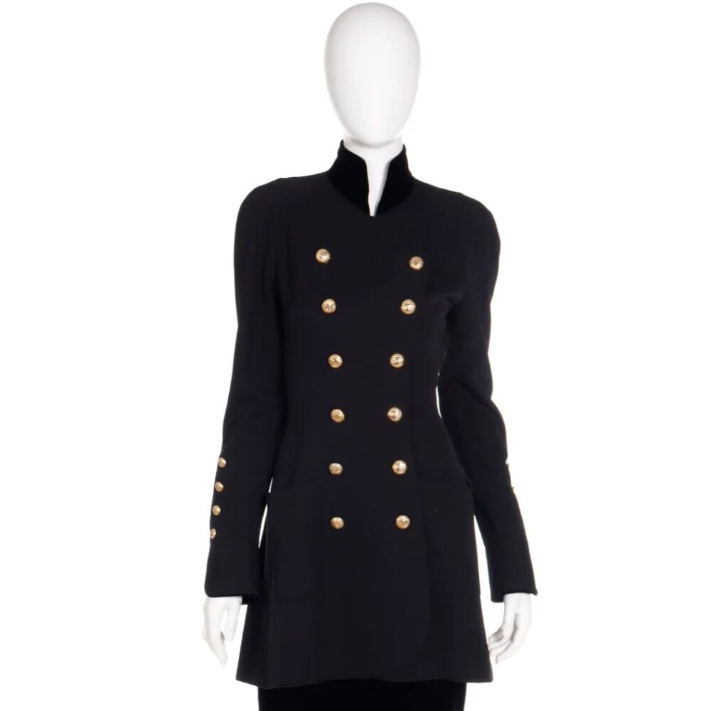 *SOLD* 1989 Chanel Military Style Wool & Velvet Jacket Suit w CC Buttons 36 XS - Picture 1 of 16